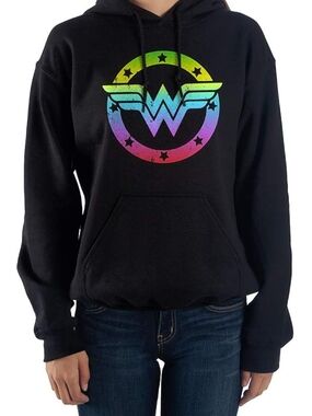 Bioworld Women's Black Hoodie with Rainbow Wonder Emblem